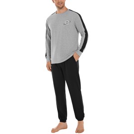 Crewhpo Men's Long Cotton Two-Piece Pyjamas with Crew Neck Plain Pyjamas Men Warm Sleepwear Long Sleeve Loungewear Winter S-XXL, Grey and black, M