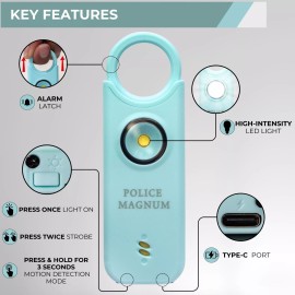 Magnum Police Magnum Personal Safety Alarm Keychain-135dB Rechargeable LED- Turquoise