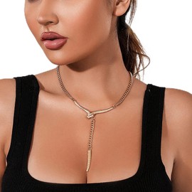 TseenYi Snake Pendant Necklace Chunky Chain Y Necklace Gothic Snake Necklace Punk Snake Drop Necklace Chain Jewellery for Women and Girls (Gold)