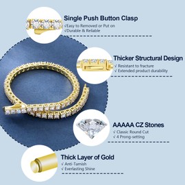 KRKC&CO 3mm Tennis Bracelet for Women Men, 14k Gold/White Gold Bracelets, Iced Out 5A Cubic Zirconia Stones, Bridal Wedding Jewelry for Her（gold-7in)