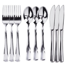Prestee 300 Piece Heavy Duty Plastic Silverware Set - 100 of Each Silver Plasticware Forks, Spoons, Knives - Flatware Cutlery for Weddings - Durable Disposable Plastic Utensils for Catering, Buffets