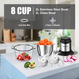 Food Processor, Meat Grinder Vegetable Chopper for Home Use, Sovyime Small Food Chopper with 2 Bowls(8 Cup) & 2 Bi-Level Blades. 350W Electric Meat Chopper for Onion, Baby Food, Garlic, Nuts, Fruit