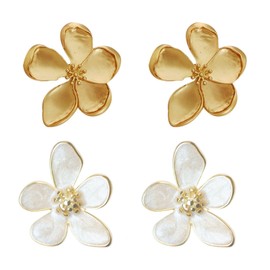 2 Pairs Five Leaf Flower Earrings, Ball Earrings, Flower Earrings, White Earrings, Golden Earrings For Women, Alloy Steel, No
