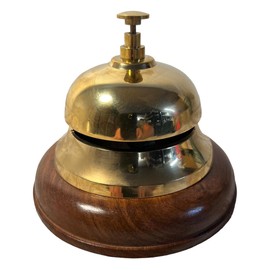 Elegant Brass Reception Desk Bell with Wooden Base – Ideal for Hotels, Schools, and Restaurants (12cm W x 10cm H)
