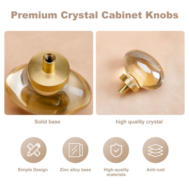CLCTK 8 Pack Champagne Crystal Cabinet Knobs, Gold Cabinet Glass