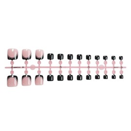 Black Press on Toenails Short Square Fake Toe Nails with Black Line Design False Toes French Tip Glue on Toenails Glossy Full Cover Artificial Acrylic Nude Stick on Toenails for Women Manicure 24pcs