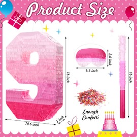 Sratte Number Piñata Pink Piñata Birthday Decorations Gradient with Stick Blindfold Confetti for Girls Boys Birthday Anniversary Party Decorations Supplies(Number 9)