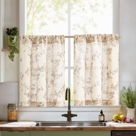 Jinchan - Cortinas florales de cocina de 30 pulgadas, cortinas de lino con nivel de granja, cafetería, cortinas de media ventana sobre el fregadero, filtrado de luz, color gris pardo en beige, para