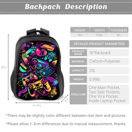 Gaming Backpack Kids Game Bookbag 16inch Schoolbag With Lunch Box Bag Pencil Case Set For Boys Girls