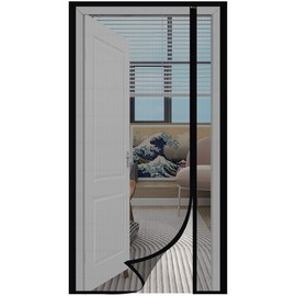 Sekey Fly Screen Door Curtain Resistant to Cat Scratches, Side Opening Fly Screen, No-Drill Balcony Door Fly Curtain Made of Fibreglass Net, Black, 140 x 240 cm