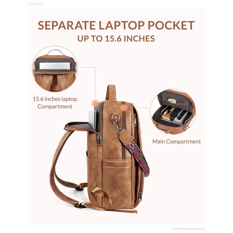 SYTRAH Leather Laptop Backpack, 15.6 Inch Business Computer Bag, Designer