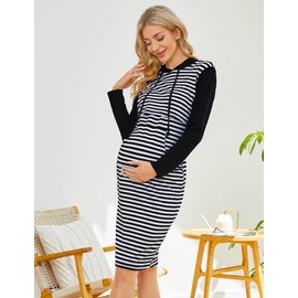 MISSKY Long Sleeve Striped Maternity Dresses for Women Pocket Sweatshirts for Women Nursing Breastfeeding Dresses,Black &White Stripes-Long Sleeve