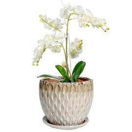vensovo 7.5 Inch Ceramic Plant Pot with Drainage Holes and Saucer - Large Round Orchid Pot for Indoor Repotting, Ceramic Planter Maintain Air Circulation, Yellow