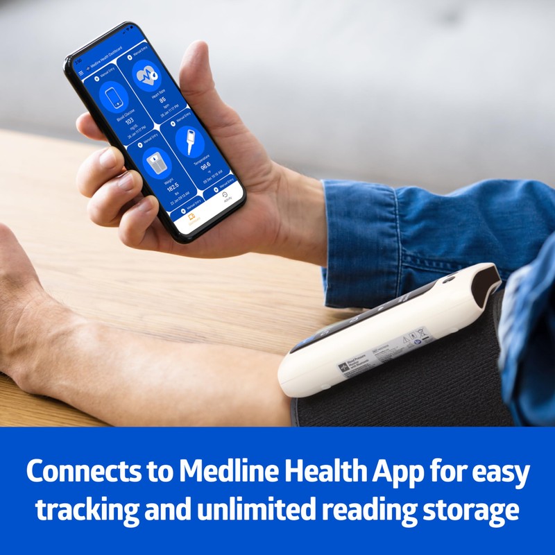 Medline Bluetooth Blood Pressure Monitor, Attached Universal Upper Arm Cuff,