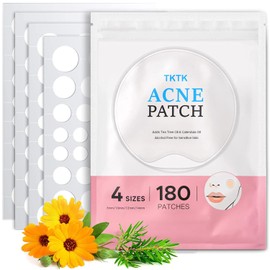 TKTK Hydrocolloid Acne Patches, Pimple Patches for Face with Tea Tree & Calendula Oil - 4 Sizes Clear Cover Stickers, Invisible for Day & Night Use (180 Count)