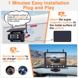 Wireless Backup Camera Magnetic for Truck: 1 Minute Easy Install HD 1080P Rear View Camera Solar - Portable Rechargeable 5 Inch Monitor System for Car Truck SUV RV Trailer Camper Y02