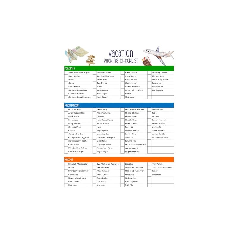 Vacation Packing List - Never Forget Essential Travel Items! Reusable