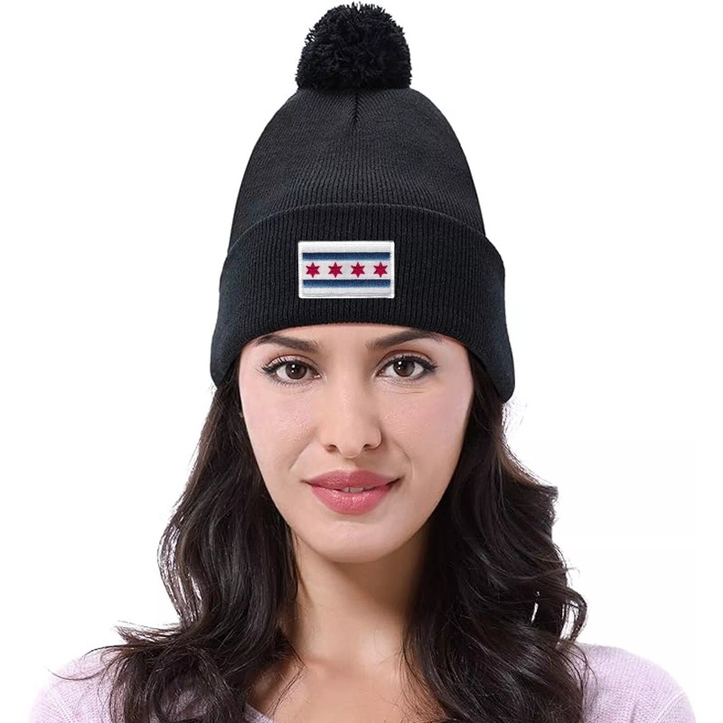 Peerless Embroidery Chicago Flag Patch Cuffed Pom Knit Hat Black