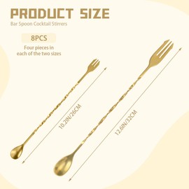 Diakey 8 Pieces Bar Spoon Cocktail Stirrers for Mixing Drink, 10.2in + 12.6in, Stainless Steel with Trident Tip, Long Handle Spiral Stirring Spoons, Gold
