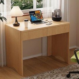 40 Inch Fluted Desk with 2 Drawers, Modern Wooden Desk for Home Office & Study, Compact Computer Desk with Drawers for Small Spaces, Bedroom & Living Room (Light Wood)