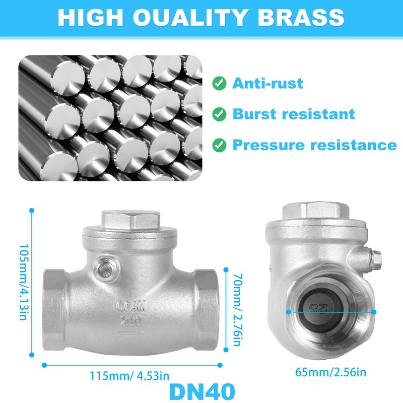 GUXGUY 1-1/2" Stainless Steel Check Valve, NPT Threaded Horizontal Check