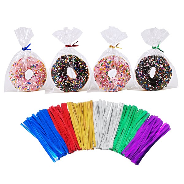 Wowfit 200 CT 5” x 7” Clear Flat Cellophane Treat Bags with 6 Colors 4" Twist Ties, Cello Packaging for Donuts, Cookies, Candies and Gift Wrapping