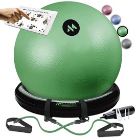 Millenti Exercise Ball Chair 65cm - Yoga Ball Chair Stability Base Ring & Fitness Resistance Bands for Home, Gym, Pilates, Office Chair, Pregnancy Birthing Ball, Workout Chart, Green, YB2LG
