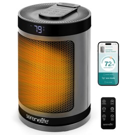 SereneLife Smart Space Heater – 1500W Indoor Electric Heater with Thermostat, Remote Control, 12-Hour Timer, Wi-Fi Enabled PTC Ceramic Heating for Home and Office, Gray (5.9" x 5.9" x 9.5")