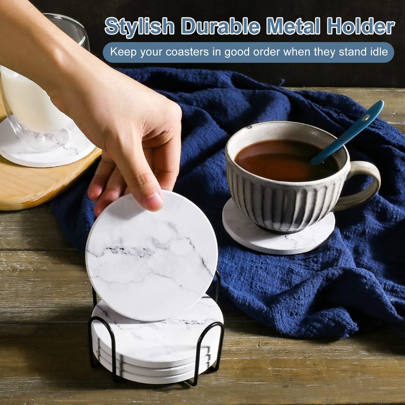 Absorbent Coasters for Drinks,Ceramic Coaster Set of 6 with Holder,