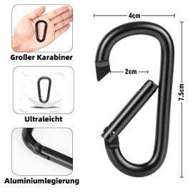 pullther Pack of 10 Aluminium Carabiner Hooks, 75 mm / 2.95 Inch Carabiner Hook, Large, Corrosion-Resistant D-Ring Carabiner Key Ring for Outdoor Sports, Hik