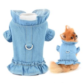 SMALLLEE_LUCKY_STORE Pet Denim Harness Vest Shirt with D-ring for Small Dogs Cat Girls Soft Comfort Ruffles Jean Jacket for Outdoor Walking Female Puppy Yorkie Chihuahua Summer Clothes, Light Blue,XXL