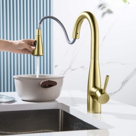 KIBI Bari Single Handle Pull Down Kitchen Faucet | Solid Brass High Arc Spout | Dual Spray Modes | 360° Swivel Sprayer for Kitchen & Bar Sink | Soap Dispenser Included (Brushed Gold, KKF2015)