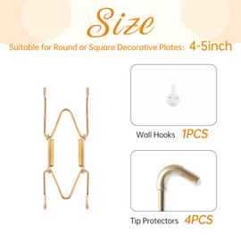 Plate Hangers for The Wall, Suitable for 4-5 inch Decorative Plate, Stainless Steel Wire Plate Holder with Wall Hooks and Rubber tip Protectors, Plate Hangers for Displaying Plates, Platter, Gold