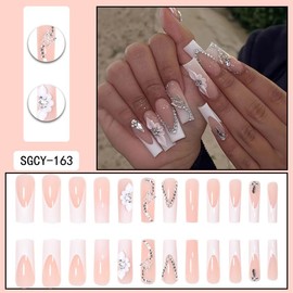 Long Square False Nails, French Press on Nails, Acrylic Stick on Nails, 24pcs Design Fake Nails with Glue Sticker for Women and Girls Nail Tips Cool Nails (French Flower, 24pcs)