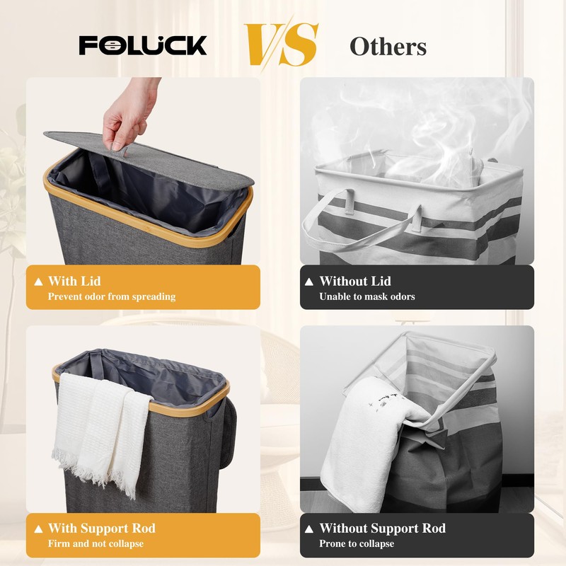 Slim Laundry Hamper, 60L Waterproof Narrow Laundry Basket with Lid