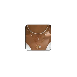 Starfish Necklace Gold Beach Jewelry for Women Pearl Seashell Necklace Cowrie Shell Beach Necklaces Ocean Summer Starfish Jewelry (6-3 layer gold)