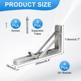 PATIKIL Folding Wall Shelf Brackets 9", 4 Pack Heavy Duty Stainless Steel Collapsible Wall Mounted Shelf Bracket Max Load 220lb Space Saving for Table, Silver
