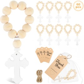 OurWarm 60 PCS Rosary Favors Band Wooden Bulk Catholic Rosary Beads, White Mesh Bag, White Wooden Cross Pendant and Thank You Card for Baptism Decorations Baby Shower First Communion Gifts Men Women