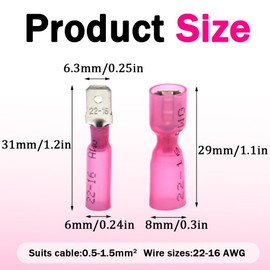 Yosawa 100 Pieces Fully Insulated Heat Shrink Spade Connectors Quick Disconnect Female/Male Wire Crimp Terminals 22-16AWG Red (RSGMH)