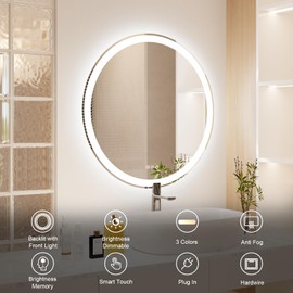 WOSEKBATHAL Bathroom Mirror with Lights, Round LED Mirror for Bathroom, Vanity Mirror with Lights, Anti-Fog & 3 Colors, Wall-Mounted Bathroom Mirror (32“L x 32" W)