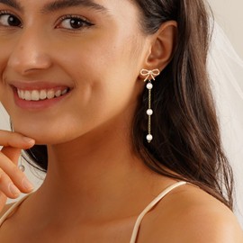 Bow Pearl Earrings Women's Gold Silver 925 Hanging Waterproof Silver 925 Stud Hypoallergenic Glitter Earrings with Long Beads Pendant Fashion Jewellery Bridal Gift, Cubic Zirconia Brass