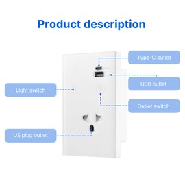 2.4GHz WiFi Wall Touch Light Switch with Type-C USB Power Outlet Neutral Wire Required 1 Way Control Tempered Glass Panel Timing Light Switch APP Voice Remote Control Smart Home Devices