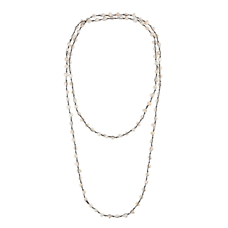 X-long Handmade Cultured Freshwater Pearl Cotton Wax Rope Strand Necklace