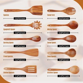 Mooues Natural Teak Wooden Kitchen Utensils Set with Spoon Rest – Comfort-Grip Cooking Spoons and Utensil Holder, Wooden Utensil Set for Home Use - quantity: 10-piece set