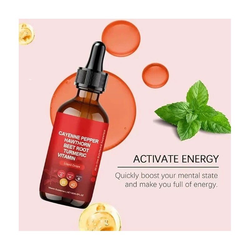 Cayenne Pepper Hawthorn Beet Root Turmeric Vitamin K2+D3 Liquid Drops
