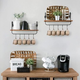 Floating Shelves for Kitchen Wall Coffee Nook with Hooks for Mugs Rustic Storage - Color: Carbonized Black
