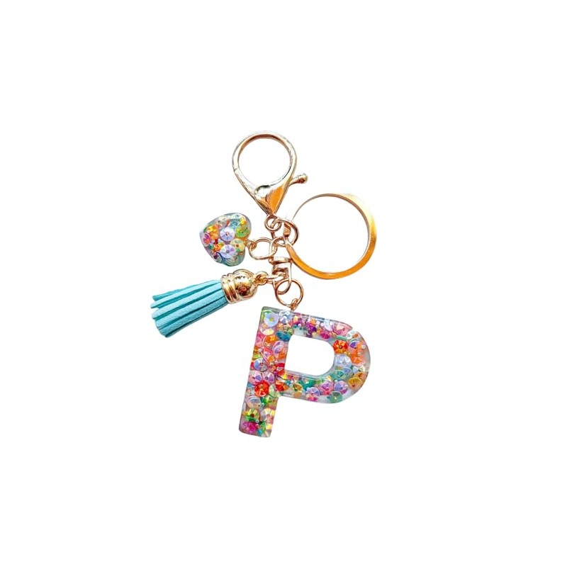 Colorful Initial Letter Keychains with Heart Charm and Tassel