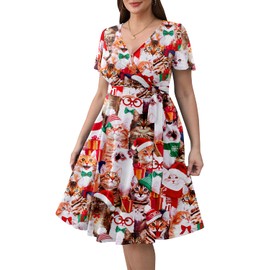 Women Plus Size Christmas Dress — Ugly Xmas Print Holiday Funny Cat Meowy 2024 Wrap V-Neck Short Sleeve Midi Dresses