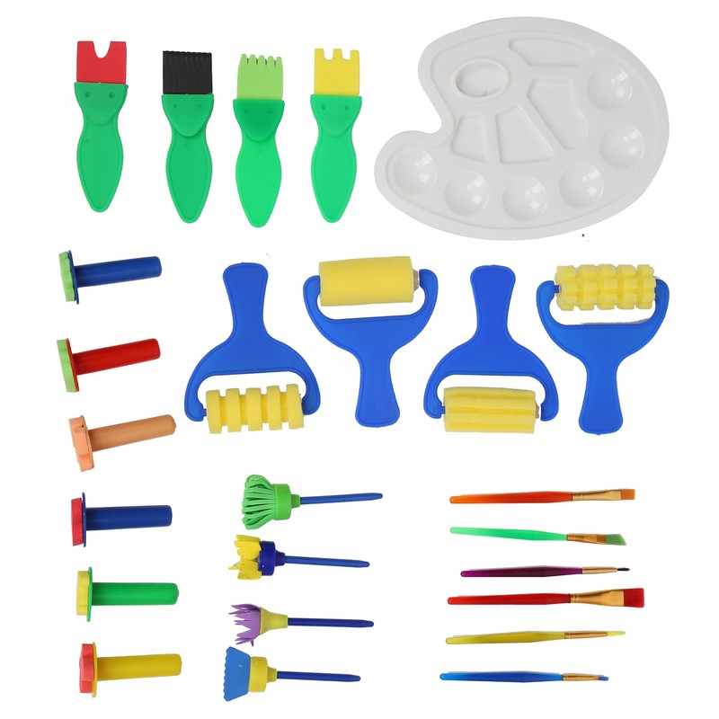 25Pcs Sponge Paint Brush Set Stamp Palette Kit Kids Graffiti