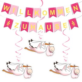 Welcome Home Baby, Pre-Assembled Welcome Garland, with 6 Stork for Birth, Baby Shower Decoration Girls, Welcome Home Garland, Welcome Home Baby